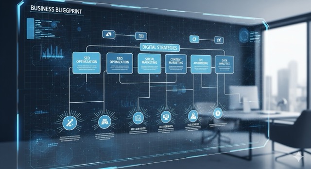 A digital blueprint diagram displaying various strategies such as SEO optimization, social marketing, content marketing, PPC advertising, and data analytics, with a modern office background.